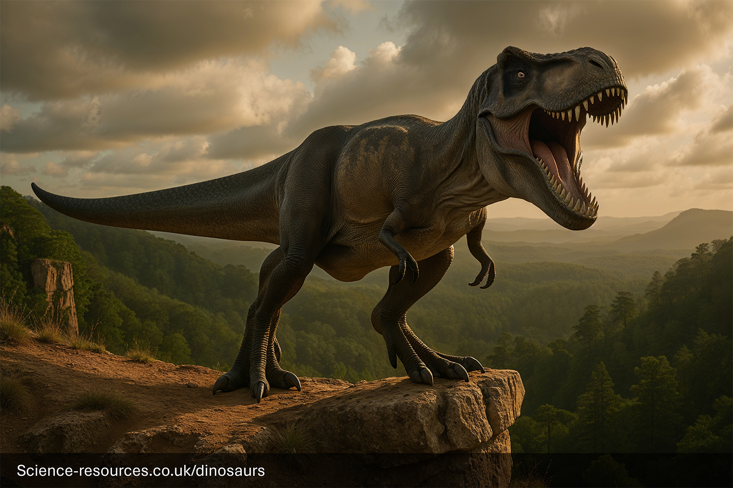 Tyrannosaurus (as depicted in the Jurassic park movie franchise) standing in a prehistoric clearing.